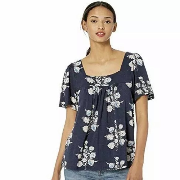 Square Neck Top Floral Print Navy Mlt 